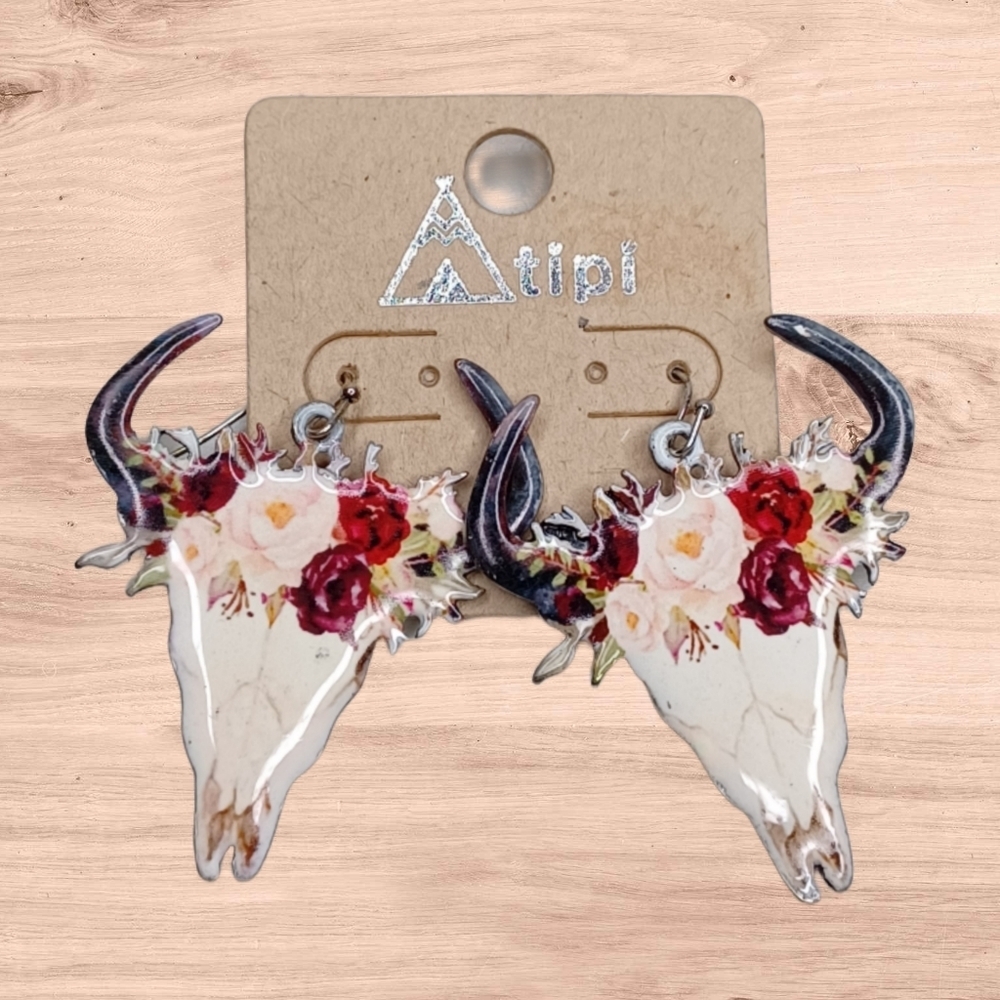 NWT Steer Skull Boho-Chic Longhorn Floral Western Earrings